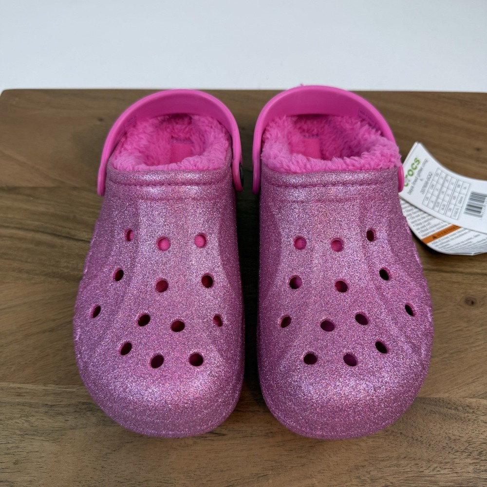 New Big‎ Kids Crocs Baya Lined Pink Glitter Clogs Shoes Sandals Size 3 Y